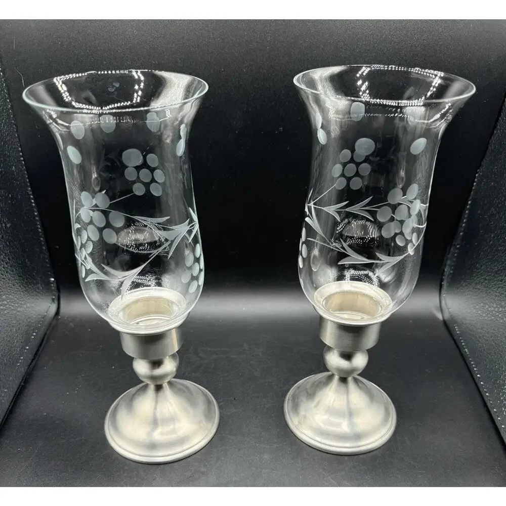 Kirk Weighted Pewter Candlesticks Etched Glass Hurricane Shades Set Of 2 -A95
